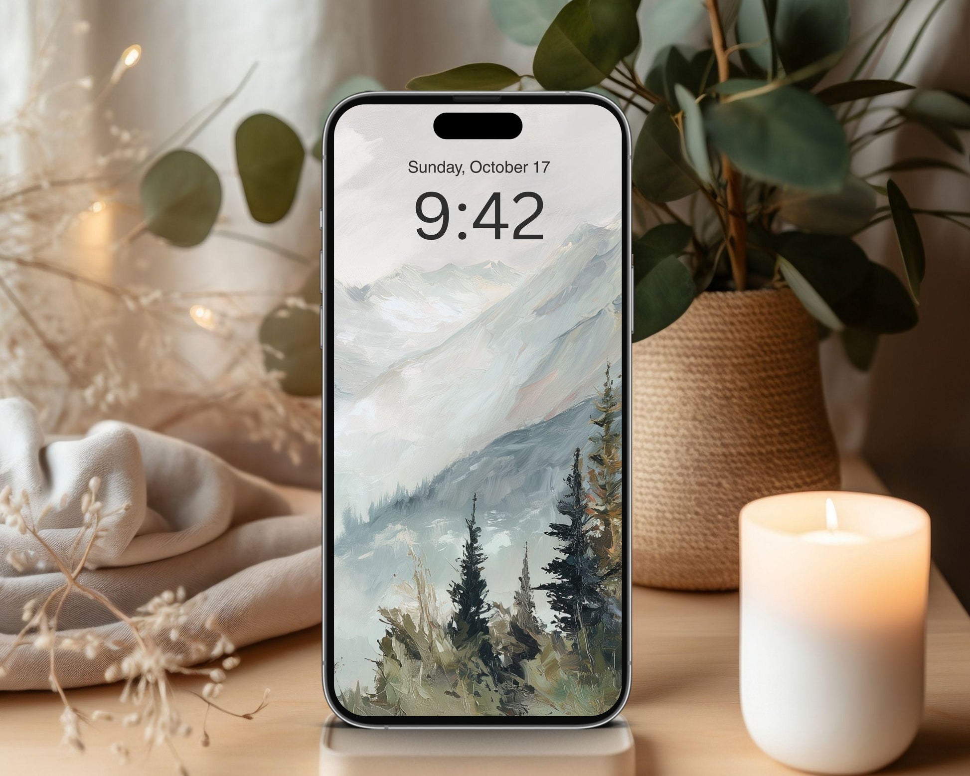 Winter Landscape Phone Wallpaper, Trees and Mountains iPhone Wallpaper, Nature Samsung Galaxy Phone Background, Vintage Style | WP164