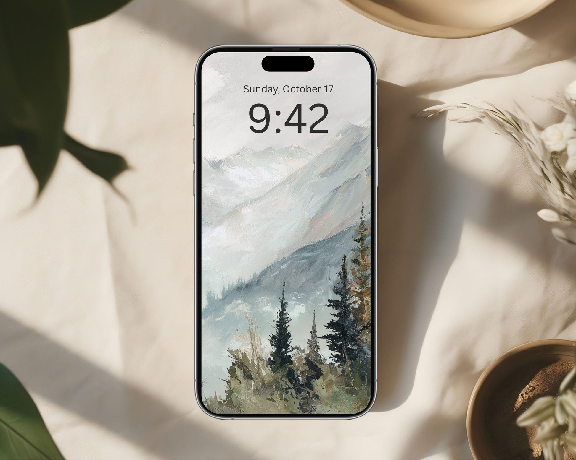 Winter Landscape Phone Wallpaper, Trees and Mountains iPhone Wallpaper, Nature Samsung Galaxy Phone Background, Vintage Style | WP164