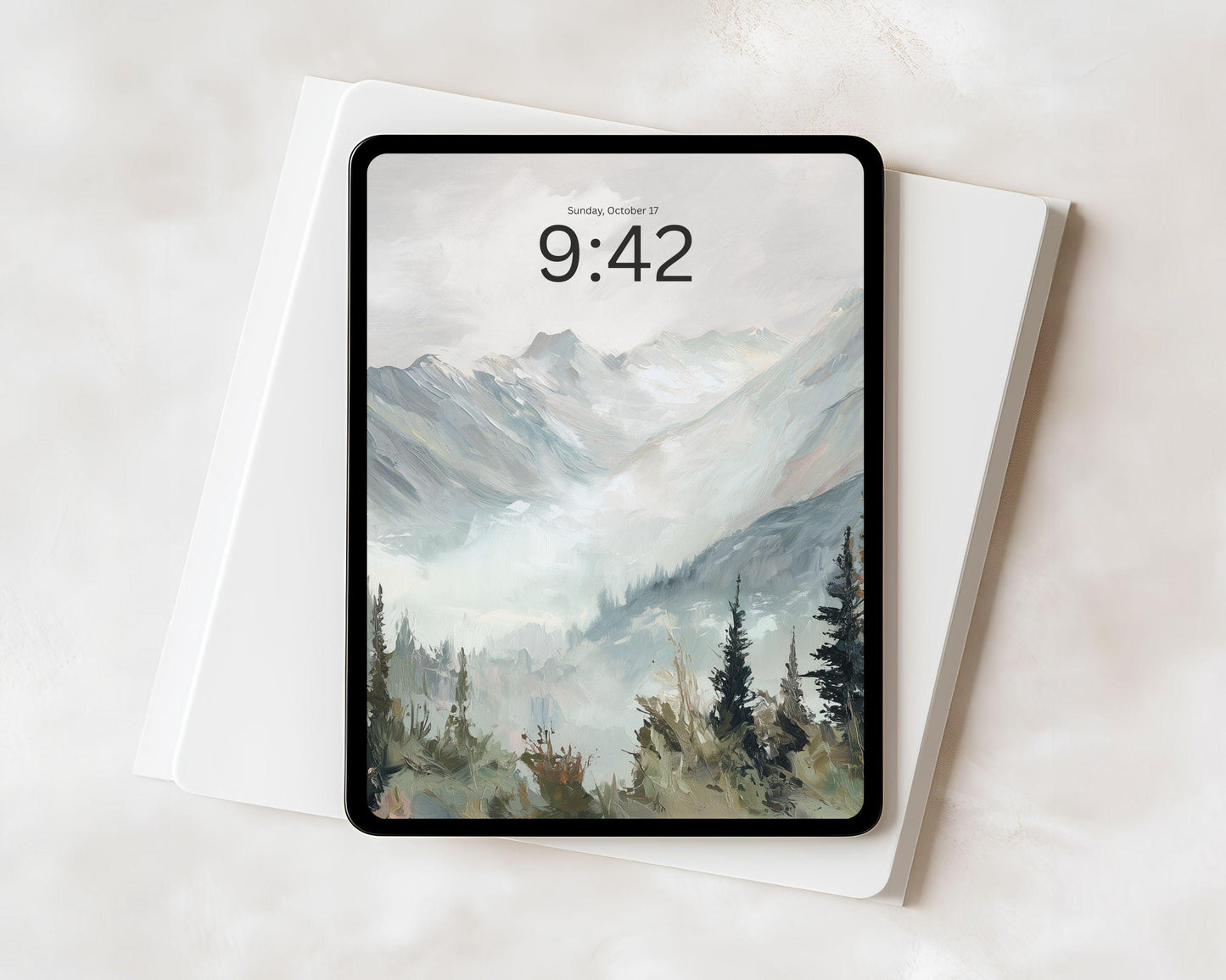 Winter Landscape iPad Wallpaper, Trees and Mountains iPad Background, Nature Tablet Wallpaper, Vintage Style Painting | WT164