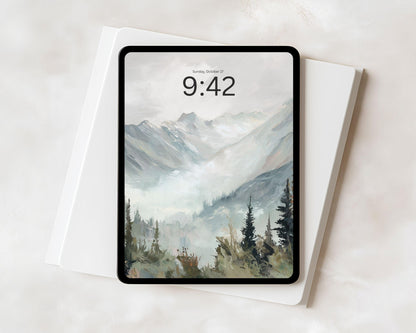 Winter Landscape iPad Wallpaper, Trees and Mountains iPad Background, Nature Tablet Wallpaper, Vintage Style Painting | WT164