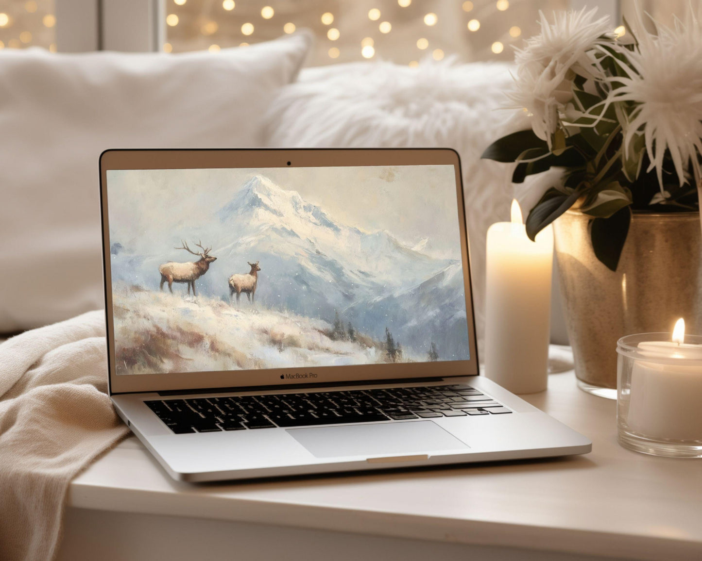 Mountain Elk Desktop Wallpaper, Winter Landscape Macbook Wallpaper, Deer Laptop Background, Vintage Style Painting | WD165