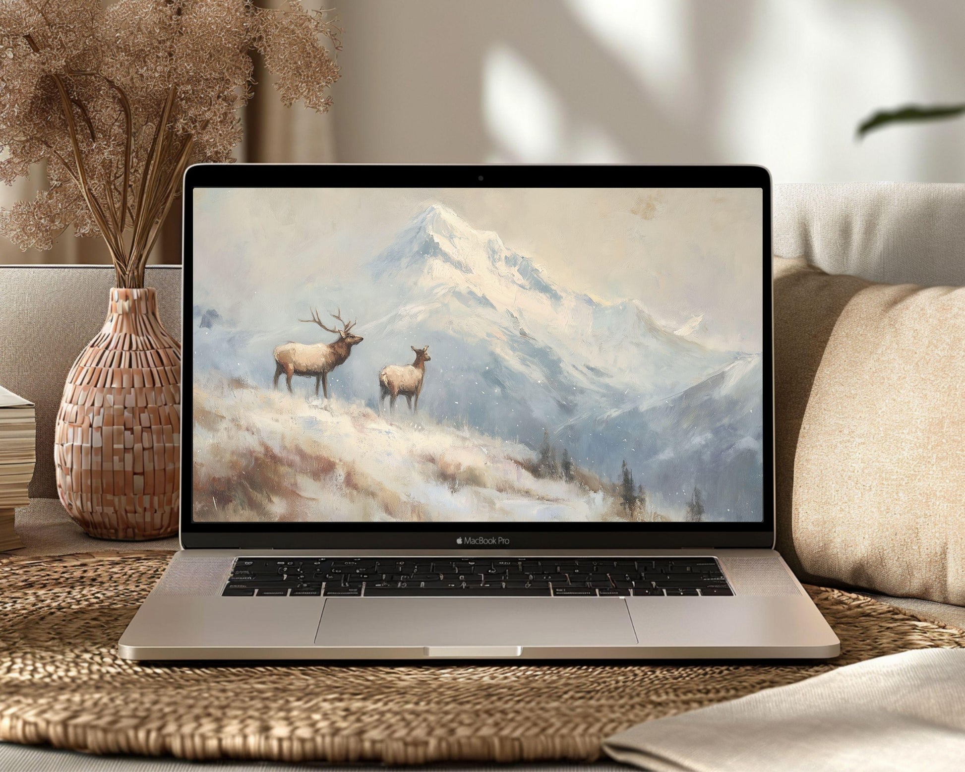 Mountain Elk Desktop Wallpaper, Winter Landscape Macbook Wallpaper, Deer Laptop Background, Vintage Style Painting | WD165