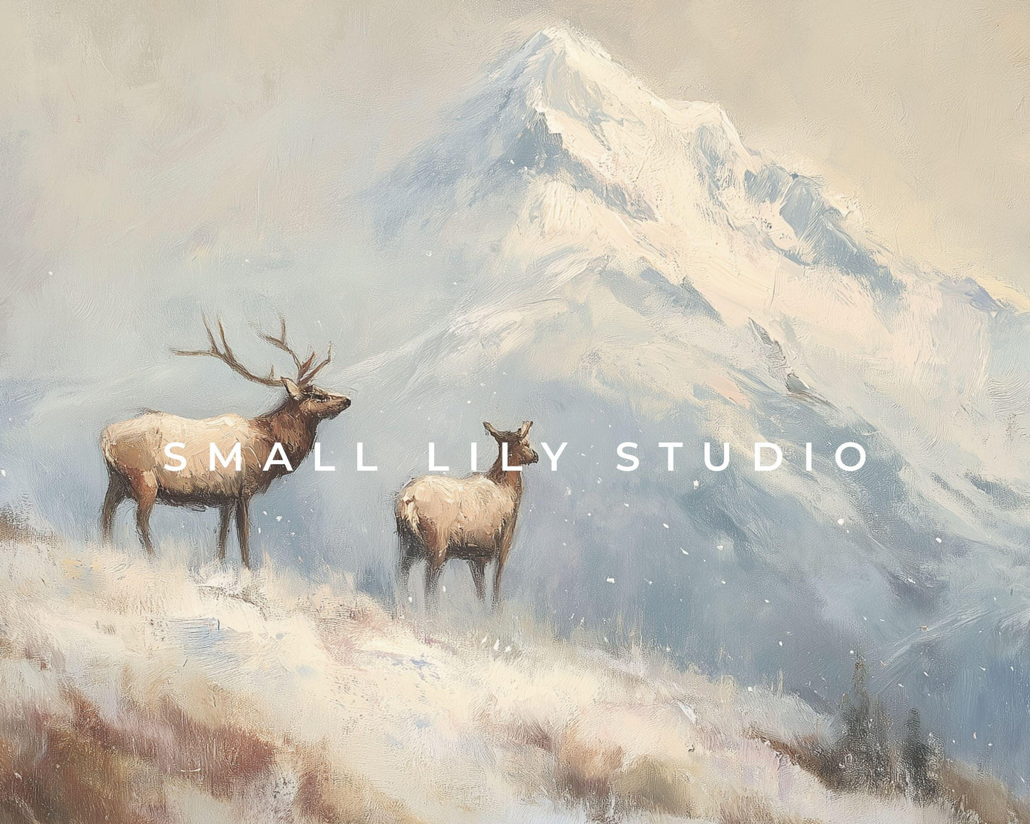 Mountain Elk Desktop Wallpaper, Winter Landscape Macbook Wallpaper, Deer Laptop Background, Vintage Style Painting | WD165