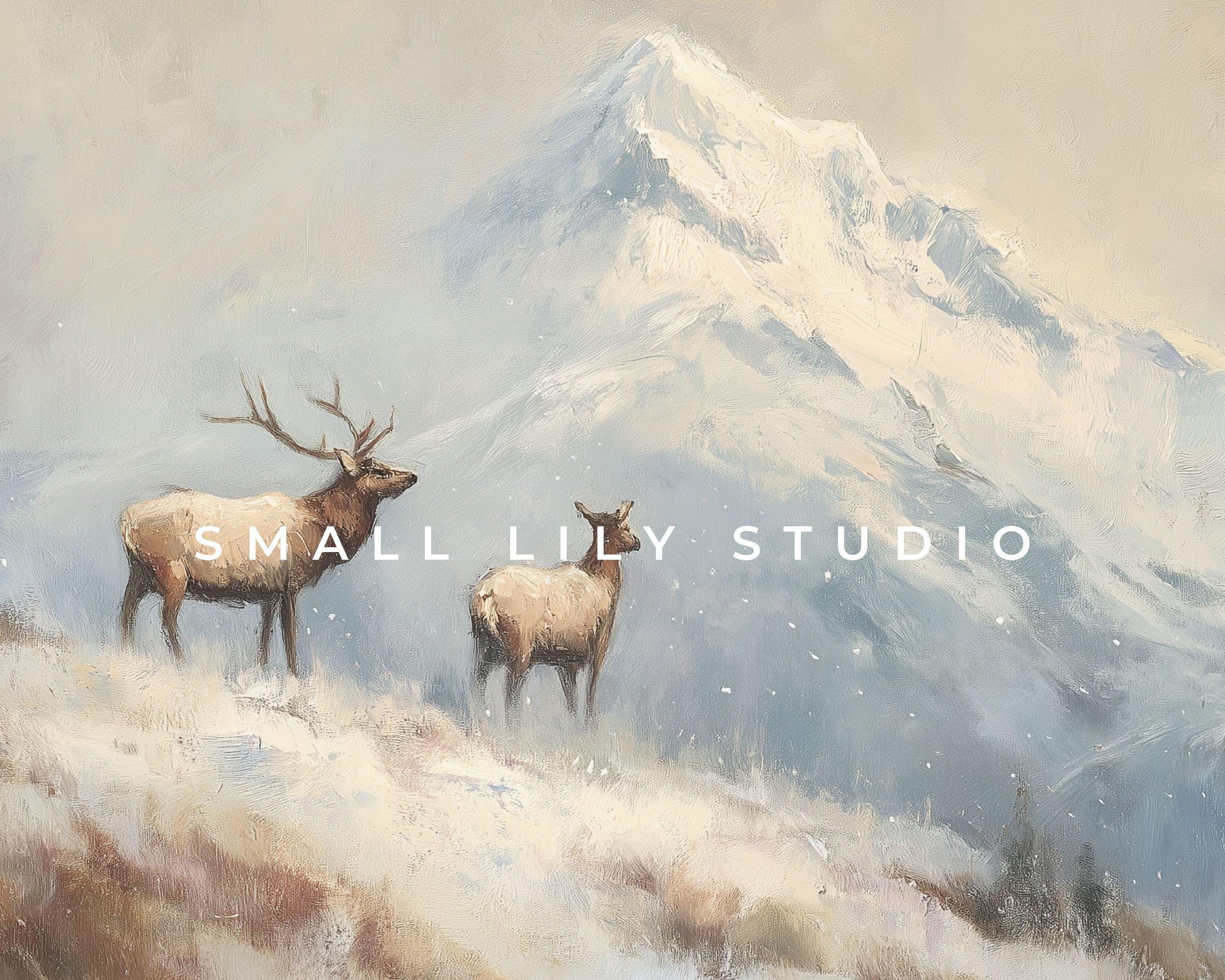 Mountain Elk Desktop Wallpaper, Winter Landscape Macbook Wallpaper, Deer Laptop Background, Vintage Style Painting | WD165