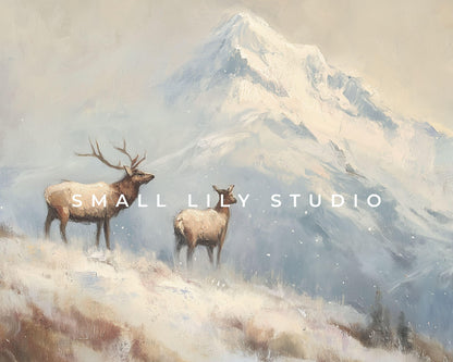 Mountain Elk Desktop Wallpaper, Winter Landscape Macbook Wallpaper, Deer Laptop Background, Vintage Style Painting | WD165