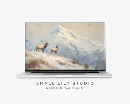 Mountain Elk Desktop Wallpaper, Winter Landscape Macbook Wallpaper, Deer Laptop Background, Vintage Style Painting | WD165