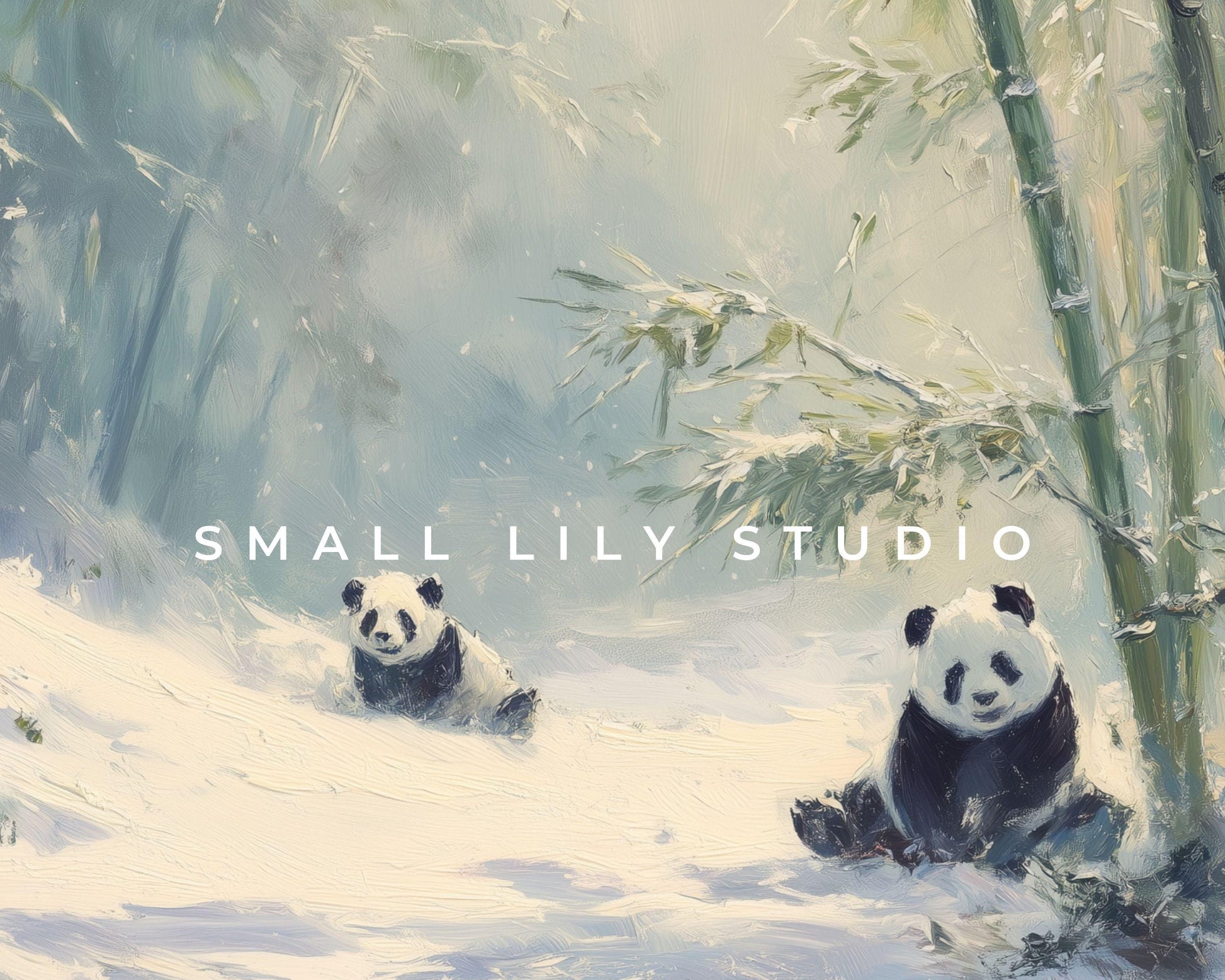 FRAME TV art Panda Family, Samsung Frame TV art Winter Landscape, Vintage Style Painting Cute Animals in Snow | TV1098