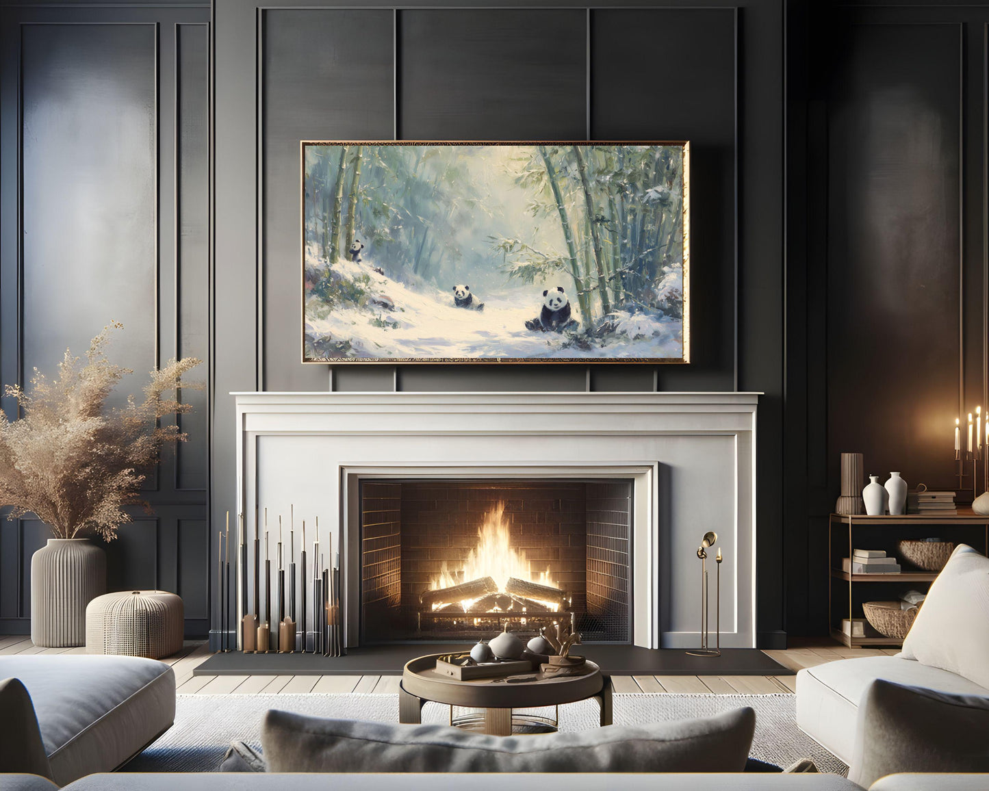 FRAME TV art Panda Family, Samsung Frame TV art Winter Landscape, Vintage Style Painting Cute Animals in Snow | TV1098