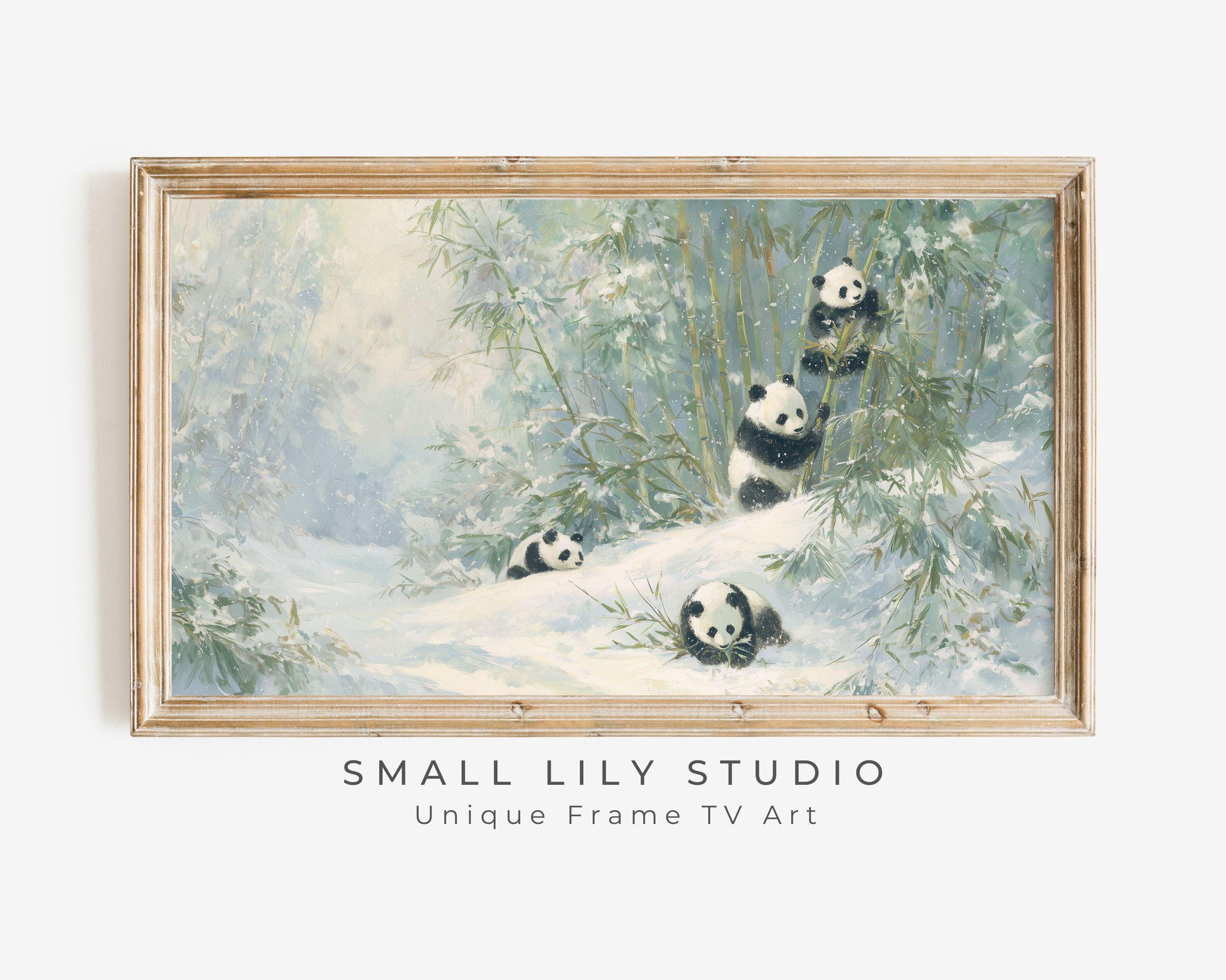 FRAME TV art Panda Family Playing in Snow, Samsung Frame TV art Winter Landscape, Vintage Style Painting Cute Animals | TV1099
