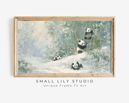 FRAME TV art Panda Family Playing in Snow, Samsung Frame TV art Winter Landscape, Vintage Style Painting Cute Animals | TV1099