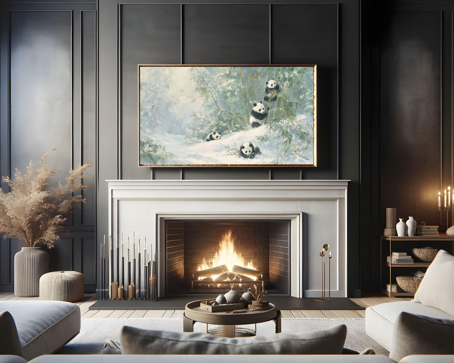 FRAME TV art Panda Family Playing in Snow, Samsung Frame TV art Winter Landscape, Vintage Style Painting Cute Animals | TV1099