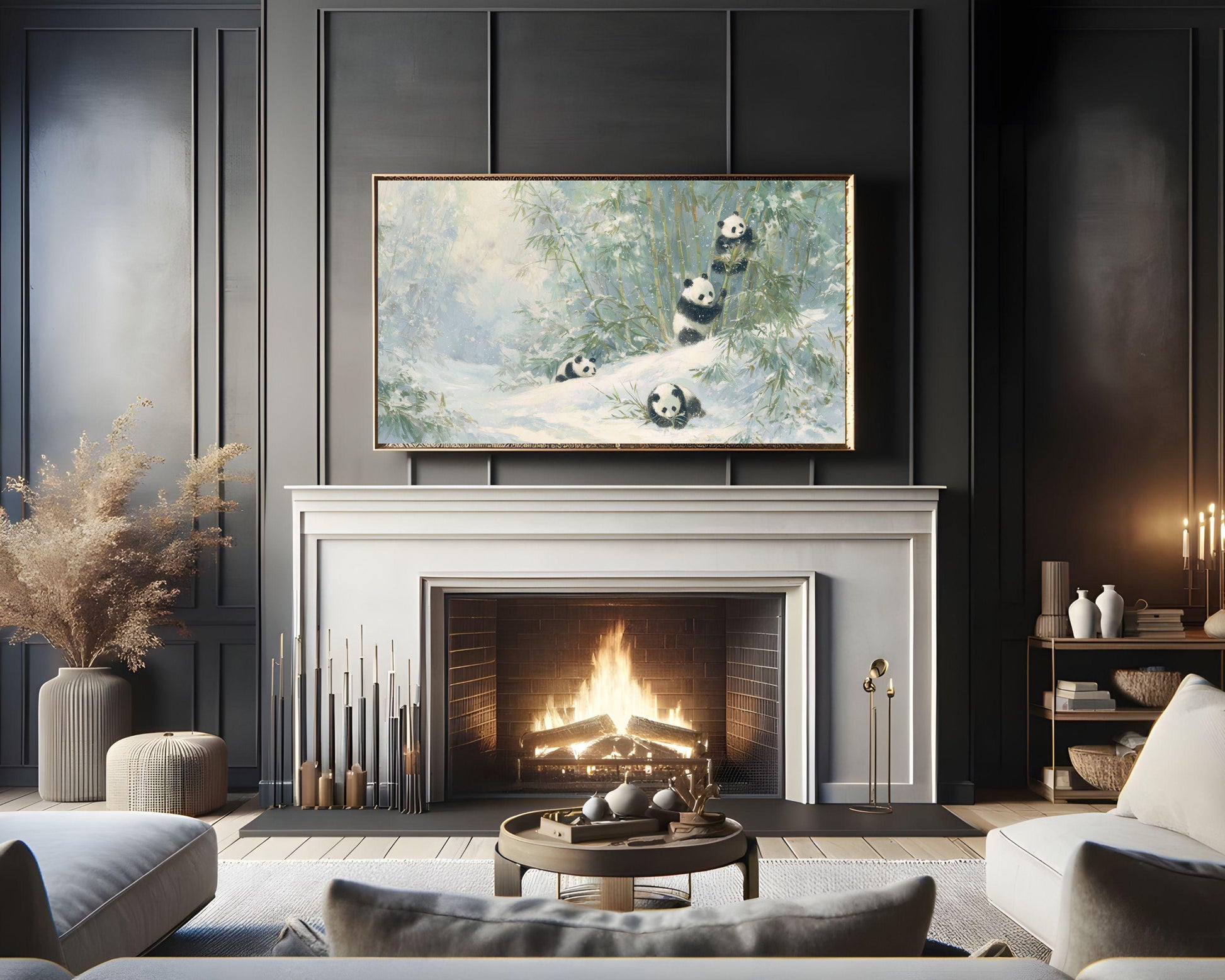 FRAME TV art Panda Family Playing in Snow, Samsung Frame TV art Winter Landscape, Vintage Style Painting Cute Animals | TV1099