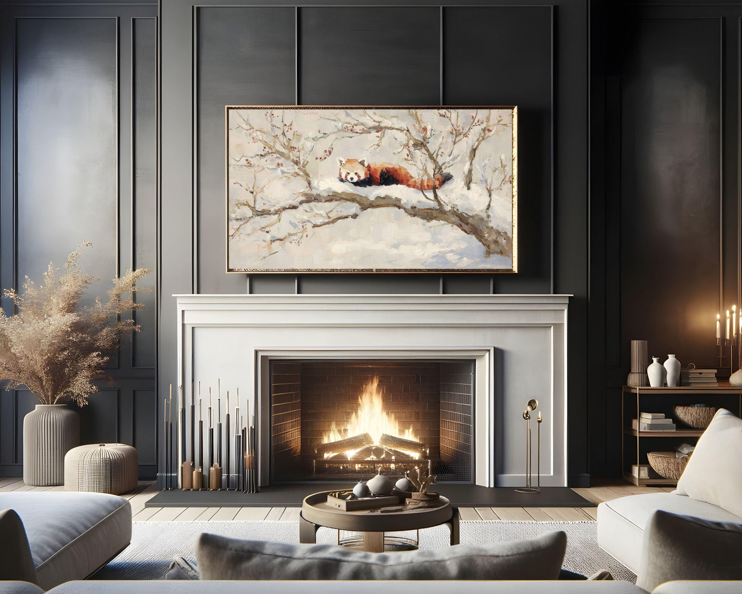 FRAME TV art Red Panda, Samsung Frame TV art Winter Tree, Vintage Style Painting Cute Animal | TV1100