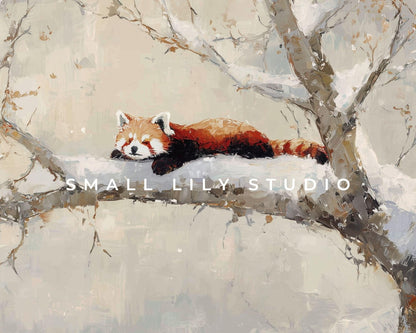 FRAME TV art Red Panda in Tree, Samsung Frame TV art Winter Landscape, Vintage Style Painting Cute Animal | TV1101