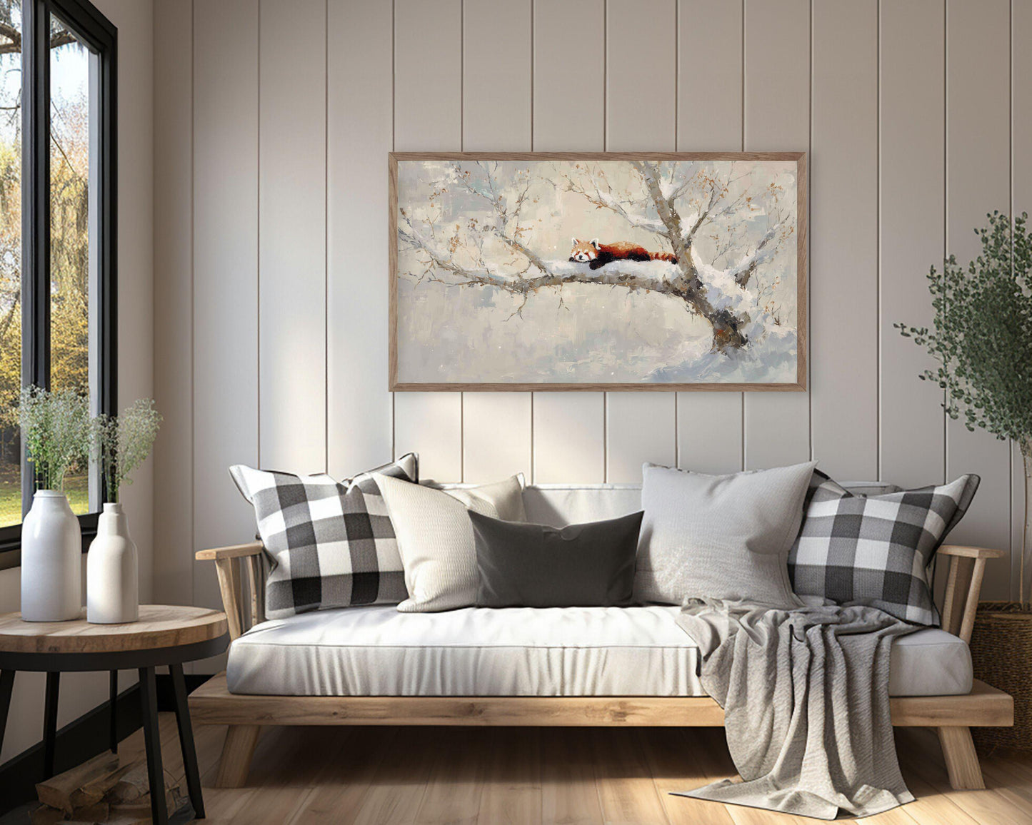 FRAME TV art Red Panda in Tree, Samsung Frame TV art Winter Landscape, Vintage Style Painting Cute Animal | TV1101