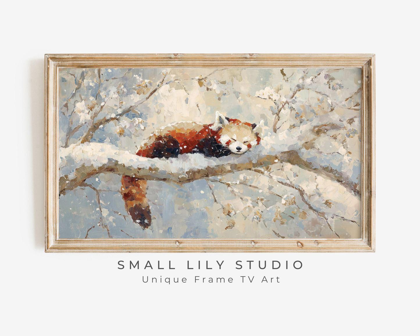 FRAME TV art Red Panda Sleeping, Samsung Frame TV art Winter Tree, Vintage Style Painting Cute Animal | TV1102