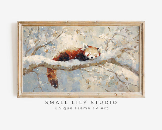 FRAME TV art Red Panda Sleeping, Samsung Frame TV art Winter Tree, Vintage Style Painting Cute Animal | TV1102