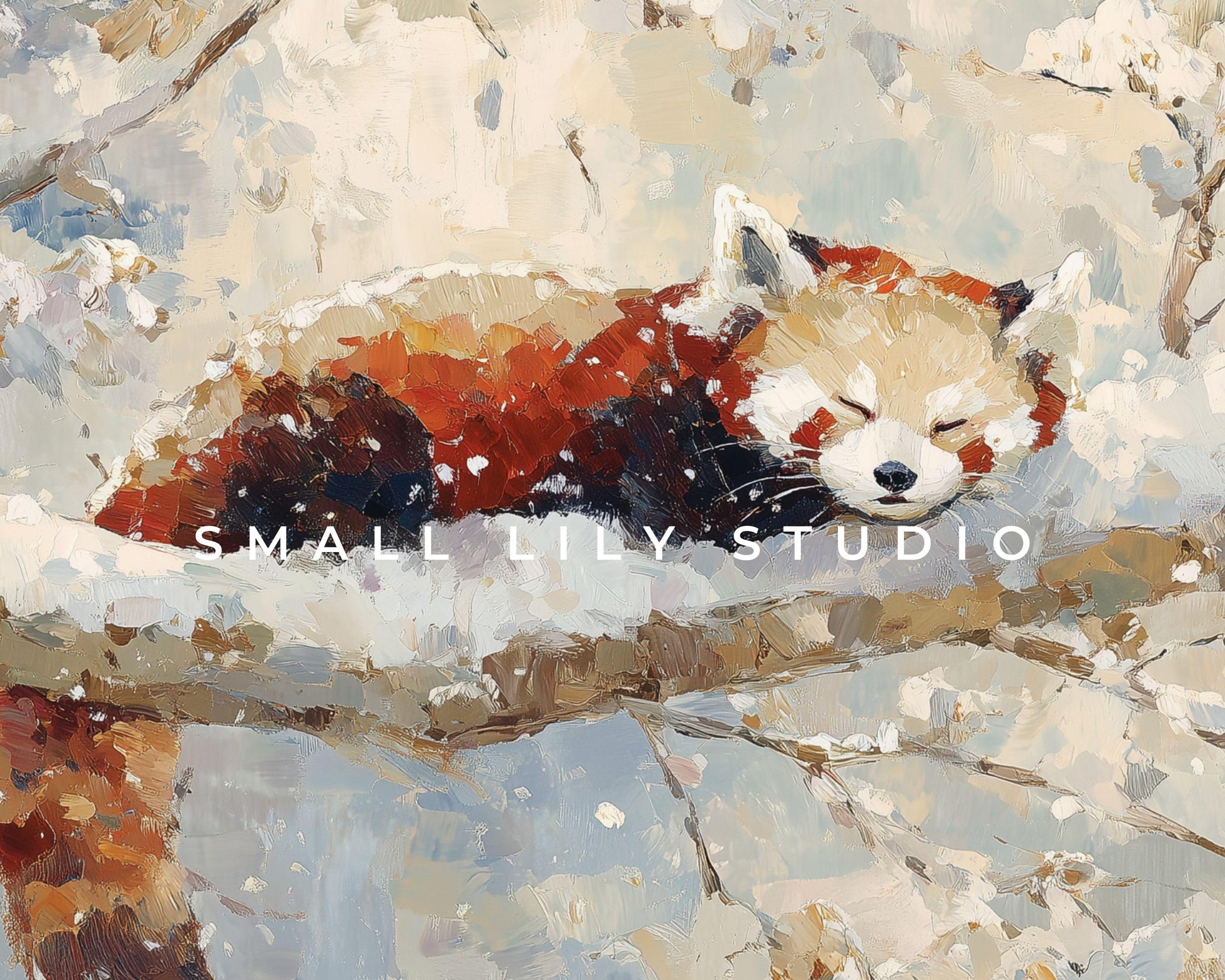 FRAME TV art Red Panda Sleeping, Samsung Frame TV art Winter Tree, Vintage Style Painting Cute Animal | TV1102