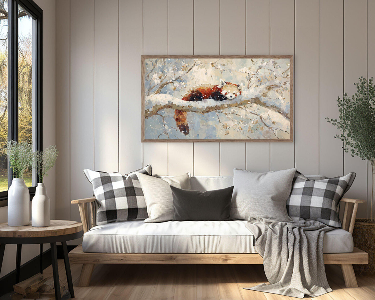 FRAME TV art Red Panda Sleeping, Samsung Frame TV art Winter Tree, Vintage Style Painting Cute Animal | TV1102