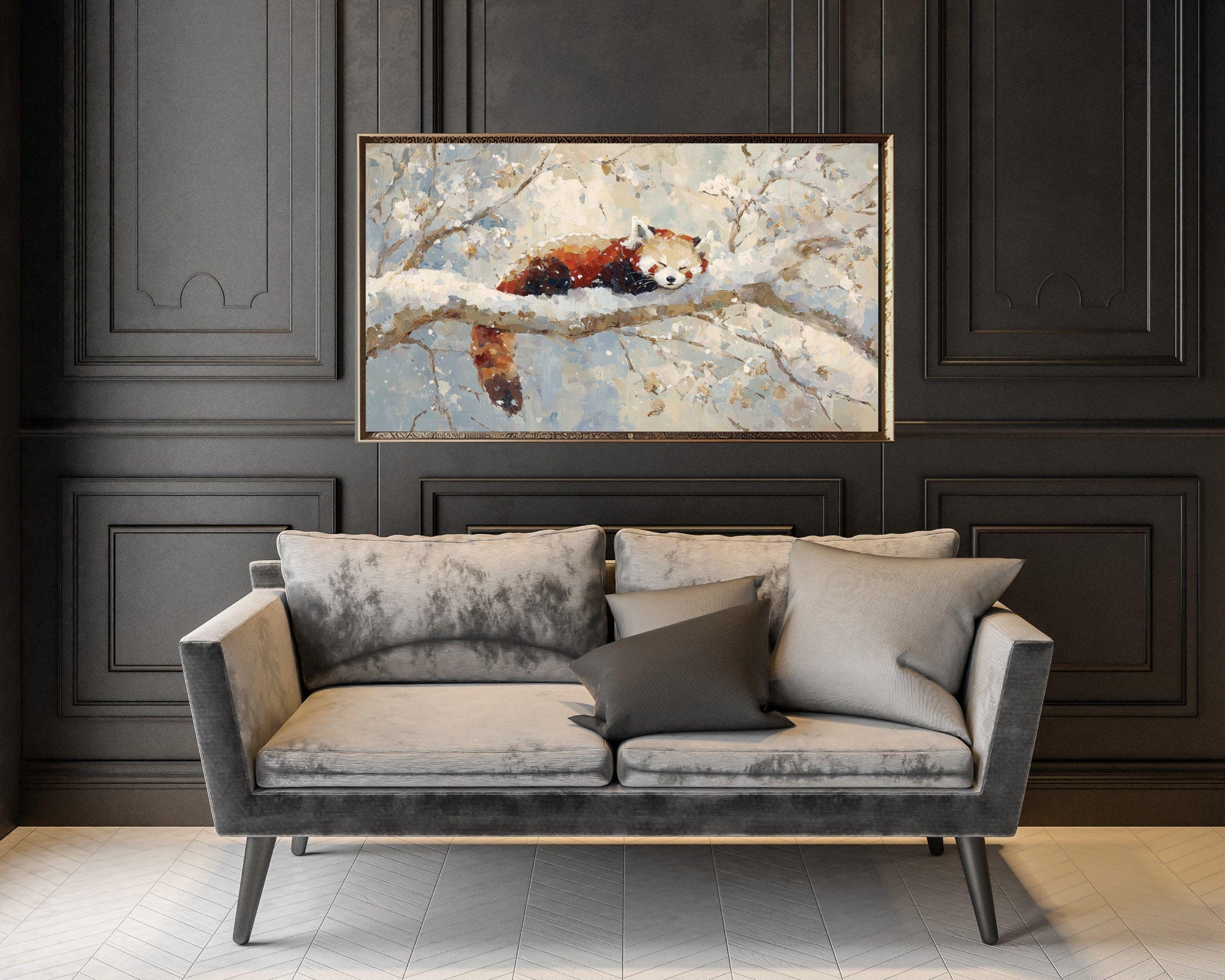 FRAME TV art Red Panda Sleeping, Samsung Frame TV art Winter Tree, Vintage Style Painting Cute Animal | TV1102