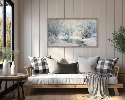 FRAME TV art Winter Landscape, Samsung Frame TV art Frozen Stream, Vintage Style Painting Snowy Scenery | TV1103