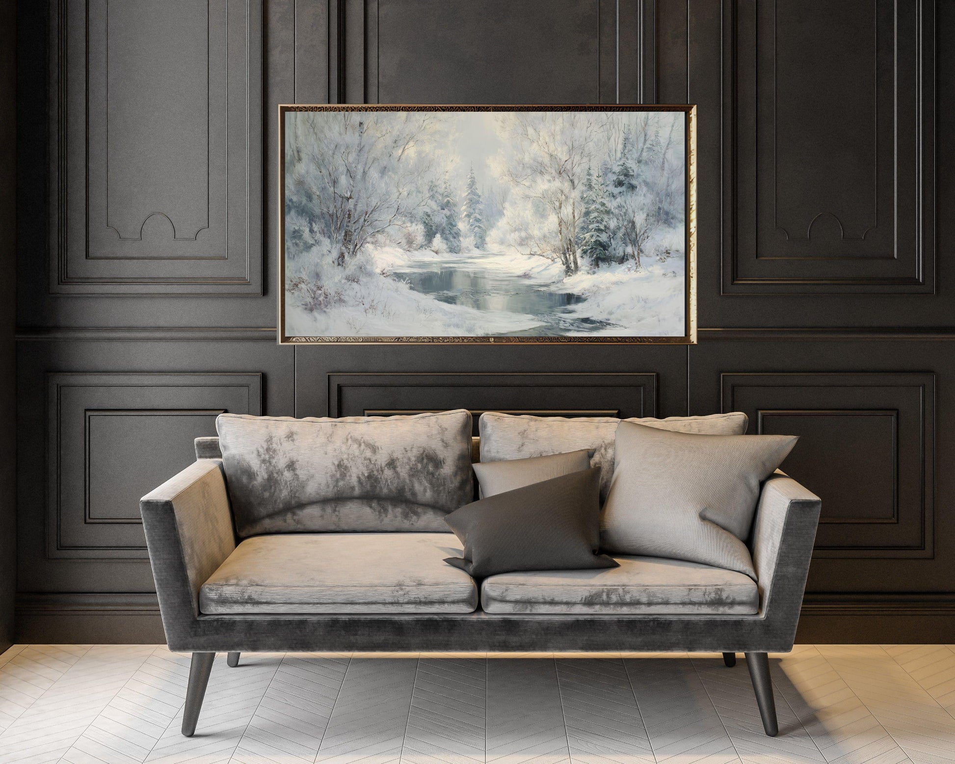 FRAME TV art Winter Landscape, Samsung Frame TV art Frozen Stream, Vintage Style Painting Snowy Scenery | TV1103