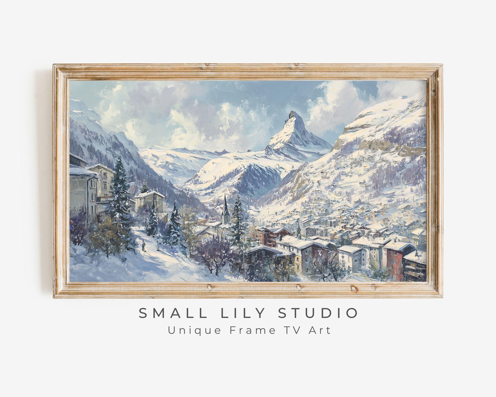 FRAME TV art Zermatt in Winter, Samsung Frame TV art Swiss Alps, Vintage Style Painting Alpine Ski Village | TV1104
