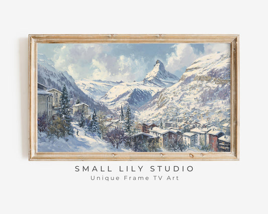 FRAME TV art Zermatt in Winter, Samsung Frame TV art Swiss Alps, Vintage Style Painting Alpine Ski Village | TV1104