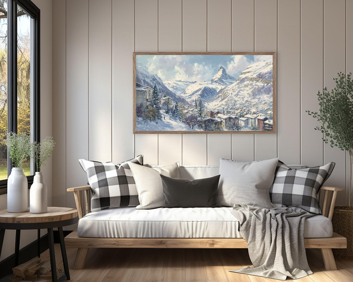 FRAME TV art Zermatt in Winter, Samsung Frame TV art Swiss Alps, Vintage Style Painting Alpine Ski Village | TV1104