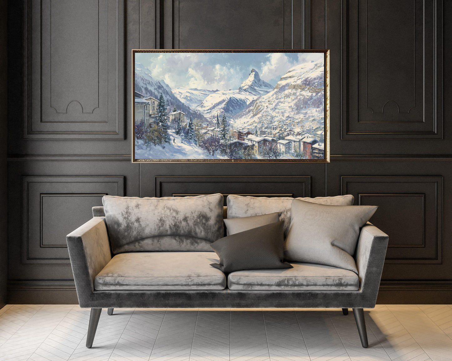FRAME TV art Zermatt in Winter, Samsung Frame TV art Swiss Alps, Vintage Style Painting Alpine Ski Village | TV1104