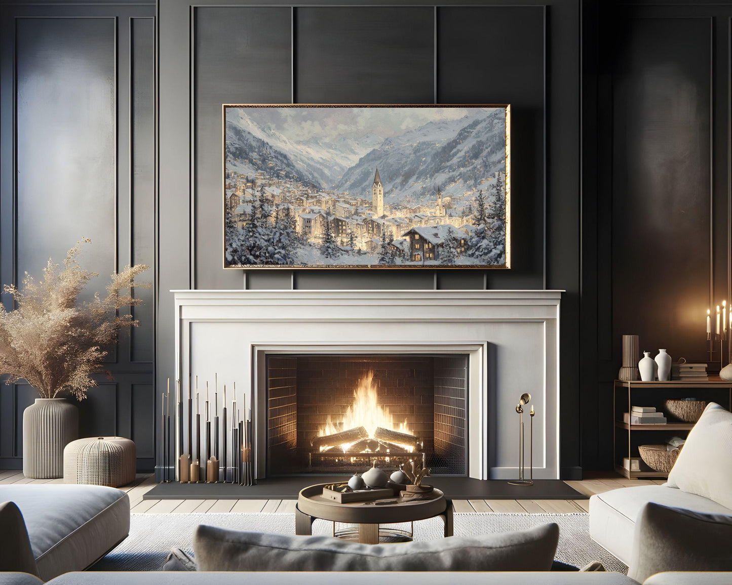 FRAME TV art Zermatt at Night, Samsung Frame TV art Swiss Alps in Winter, Vintage Style Painting Alpine Ski Village | TV1105