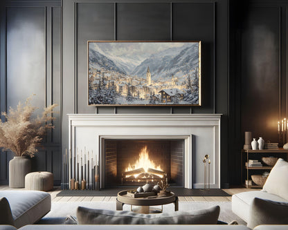 FRAME TV art Zermatt at Night, Samsung Frame TV art Swiss Alps in Winter, Vintage Style Painting Alpine Ski Village | TV1105