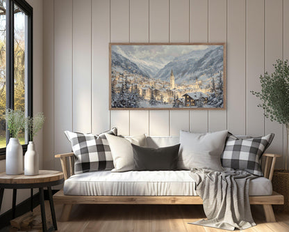 FRAME TV art Zermatt at Night, Samsung Frame TV art Swiss Alps in Winter, Vintage Style Painting Alpine Ski Village | TV1105