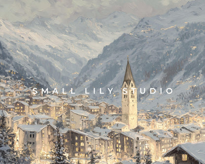 FRAME TV art Zermatt at Night, Samsung Frame TV art Swiss Alps in Winter, Vintage Style Painting Alpine Ski Village | TV1105