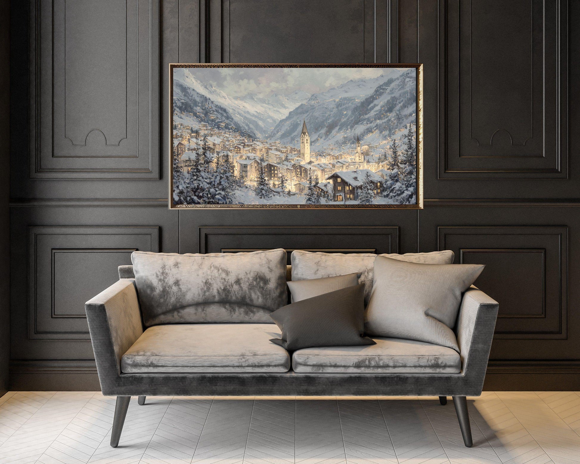 FRAME TV art Zermatt at Night, Samsung Frame TV art Swiss Alps in Winter, Vintage Style Painting Alpine Ski Village | TV1105