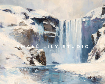 FRAME TV art Winter Waterfall, Samsung Frame TV art Iceland Landscape, Vintage Style Nature Painting | TV1106