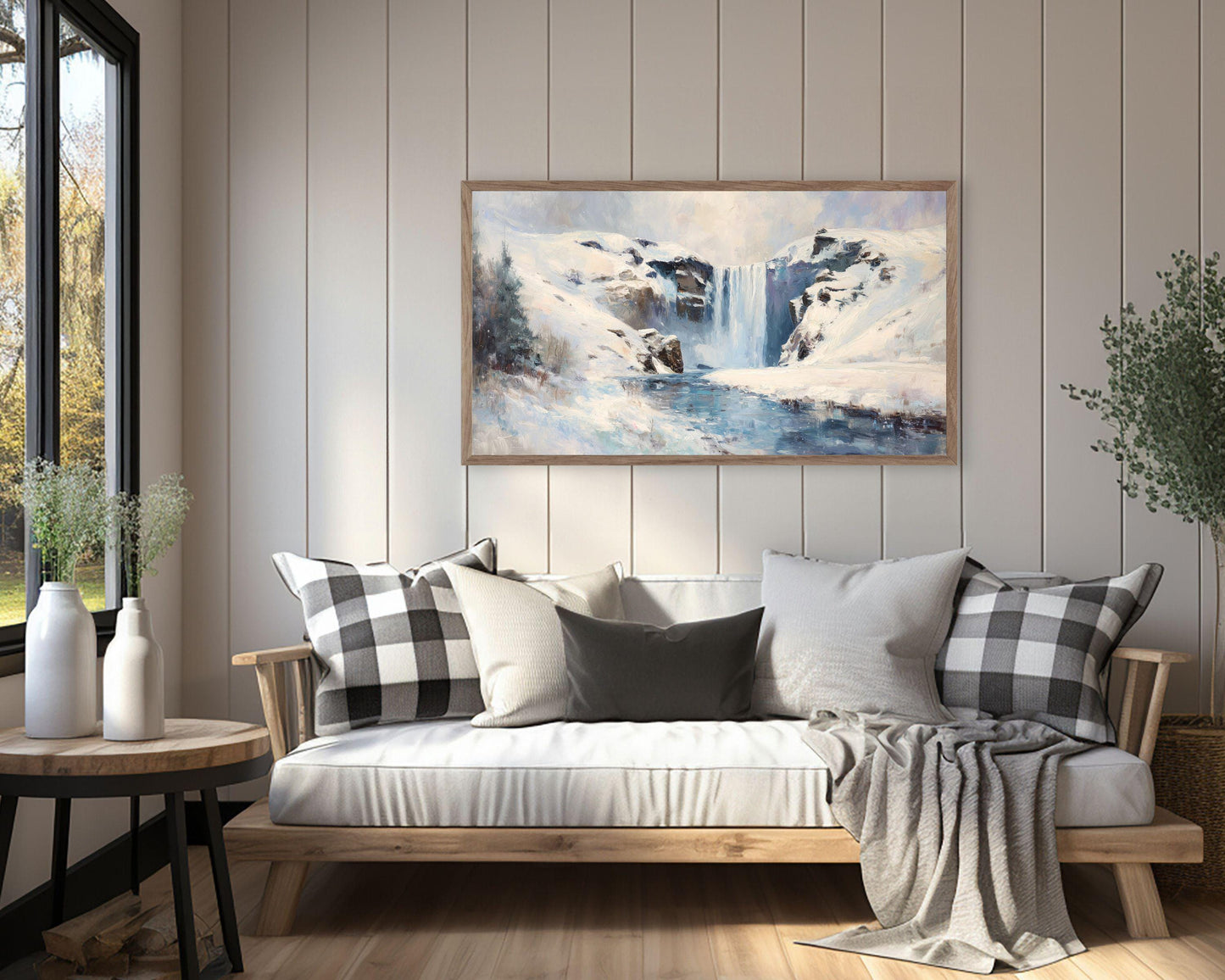 FRAME TV art Winter Waterfall, Samsung Frame TV art Iceland Landscape, Vintage Style Nature Painting | TV1106