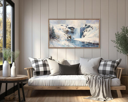 FRAME TV art Winter Waterfall, Samsung Frame TV art Iceland Landscape, Vintage Style Nature Painting | TV1106