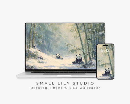 Pandas Desktop Wallpaper Set, Winter Phone Wallpaper, Cute Animals iPhone Wallpaper, Aesthetic iPad Background Vintage Style | WS166