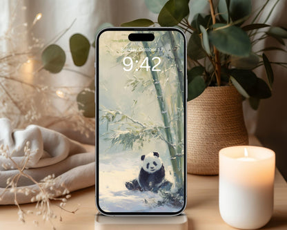 Pandas Desktop Wallpaper Set, Winter Phone Wallpaper, Cute Animals iPhone Wallpaper, Aesthetic iPad Background Vintage Style | WS166