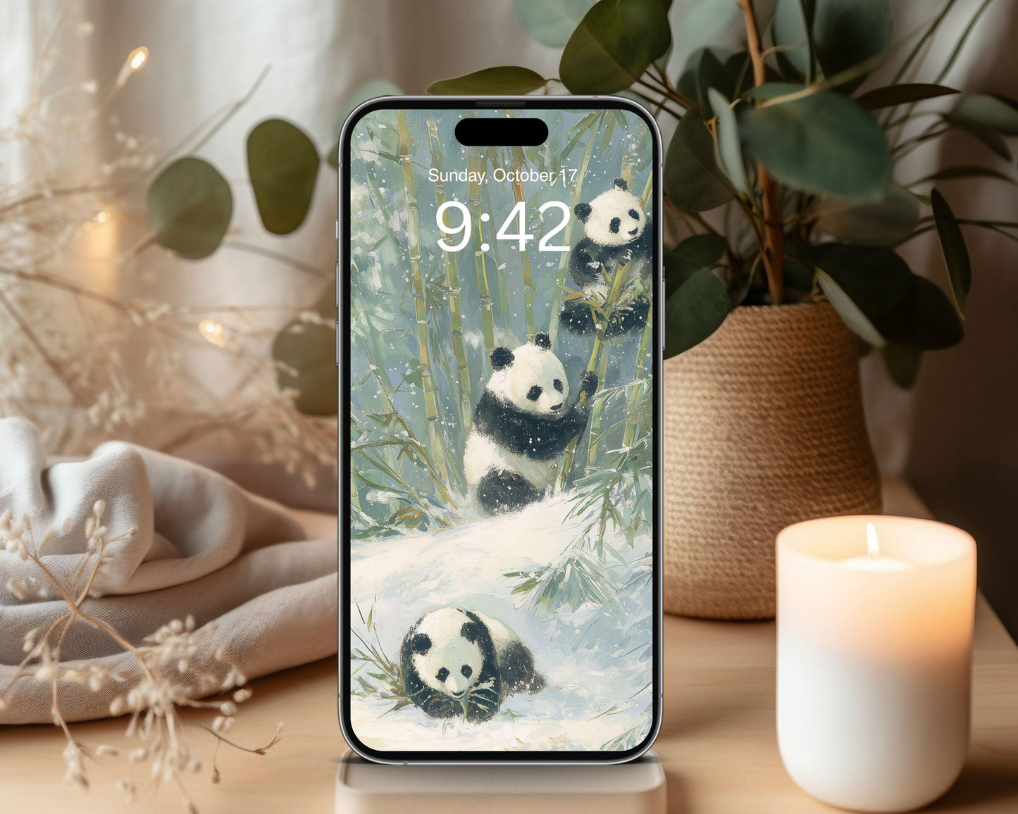 Pandas Phone Wallpaper, Winter iPhone Wallpaper, Cute Animals Samsung Galaxy Phone Background, Vintage Style Art | WP167