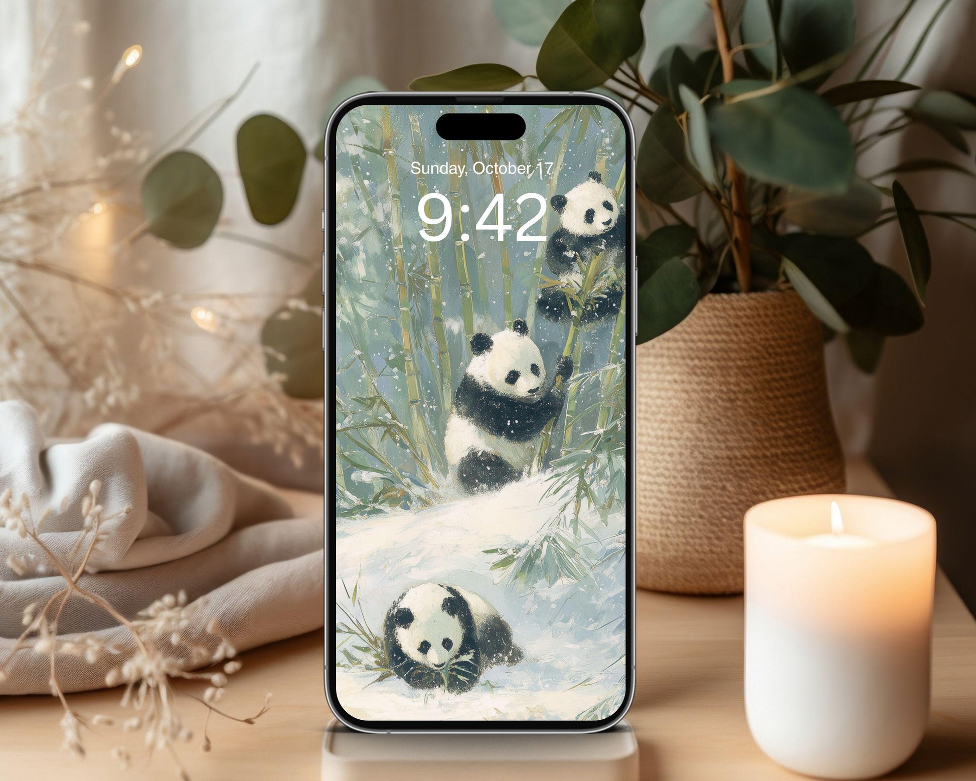 Pandas Phone Wallpaper, Winter iPhone Wallpaper, Cute Animals Samsung Galaxy Phone Background, Vintage Style Art | WP167