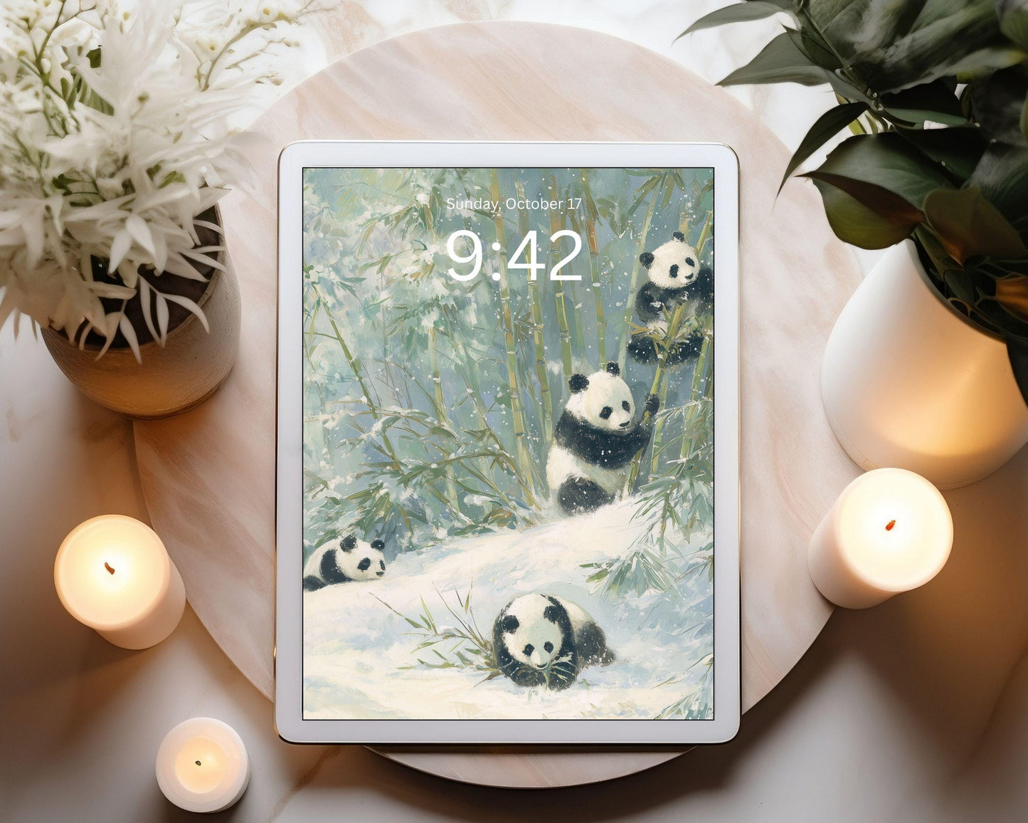 Pandas Desktop Wallpaper Set, Winter Phone Wallpaper, Cute Animals iPhone Wallpaper, Aesthetic iPad Background Vintage Style | WS167