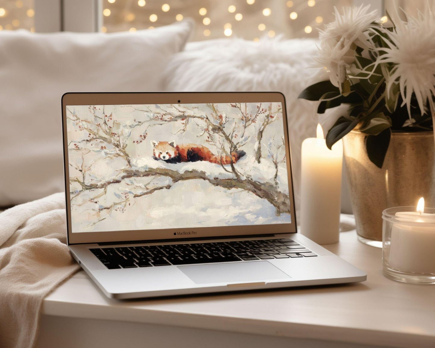 Red Panda Desktop Wallpaper Set, Winter Phone Wallpaper, Cute Animal iPhone Wallpaper, Aesthetic iPad Background Vintage Style | WS168