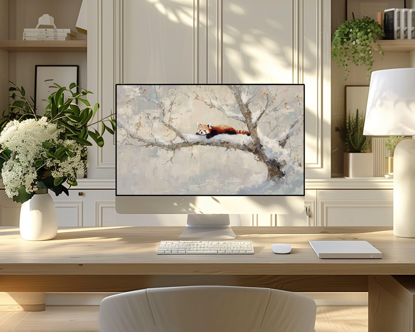 Red Panda Desktop Wallpaper, Winter Macbook Wallpaper, Cute Animal Laptop Background, Vintage Style Painting | WD169