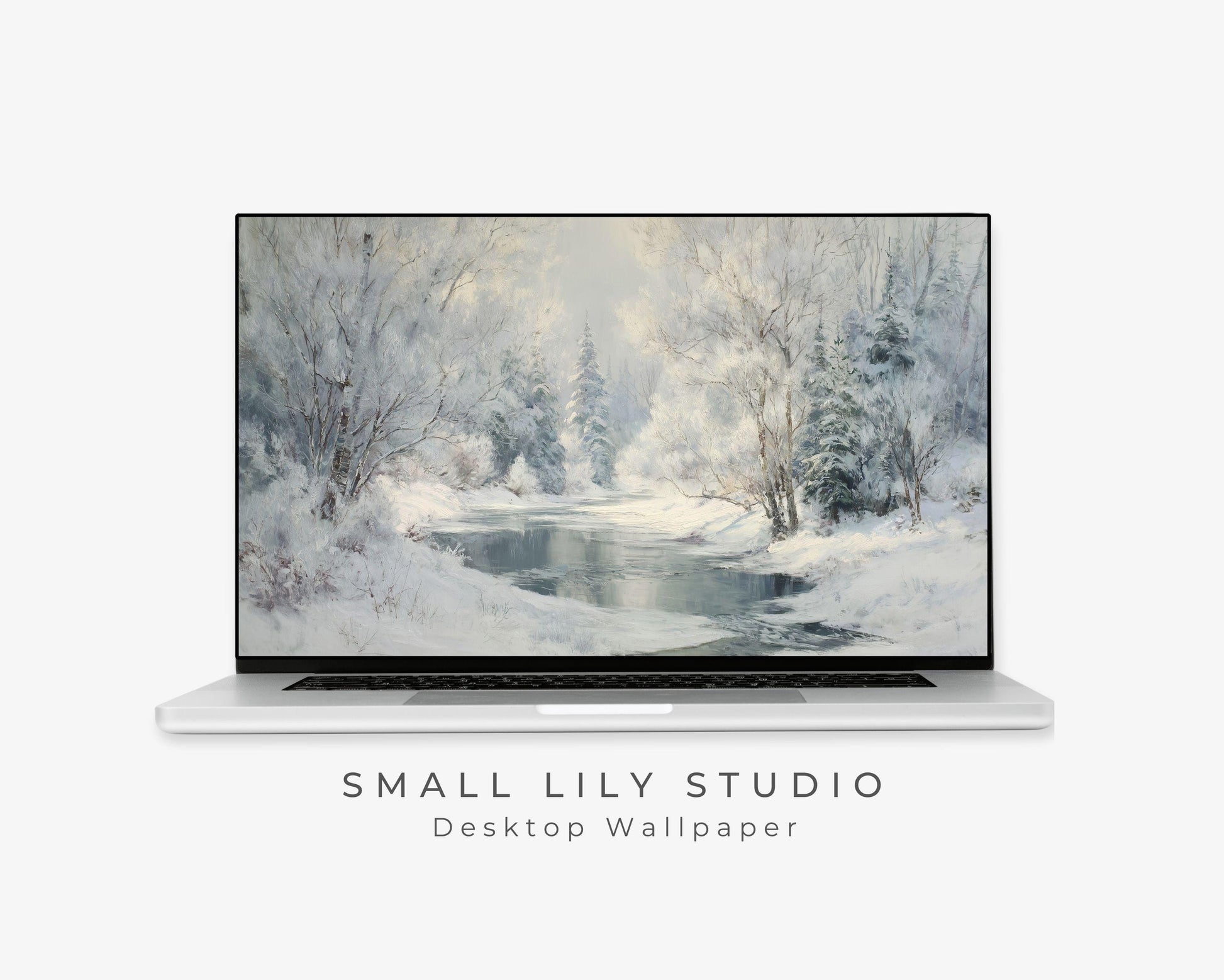 Winter Landscape Desktop Wallpaper, Frozen Stream Macbook Wallpaper, Snowy Laptop Background, Vintage Style Painting | WD170