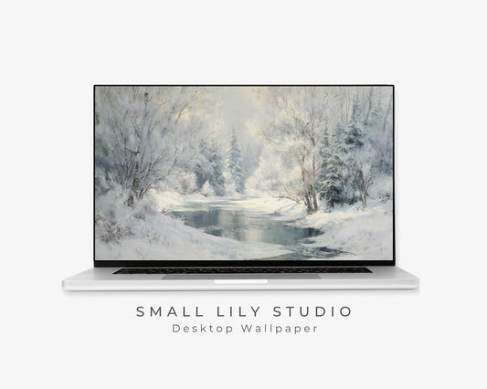 Winter Landscape Desktop Wallpaper, Frozen Stream Macbook Wallpaper, Snowy Laptop Background, Vintage Style Painting | WD170
