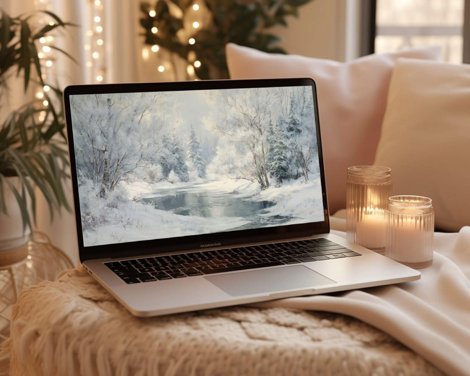 Winter Landscape Desktop Wallpaper, Frozen Stream Macbook Wallpaper, Snowy Laptop Background, Vintage Style Painting | WD170