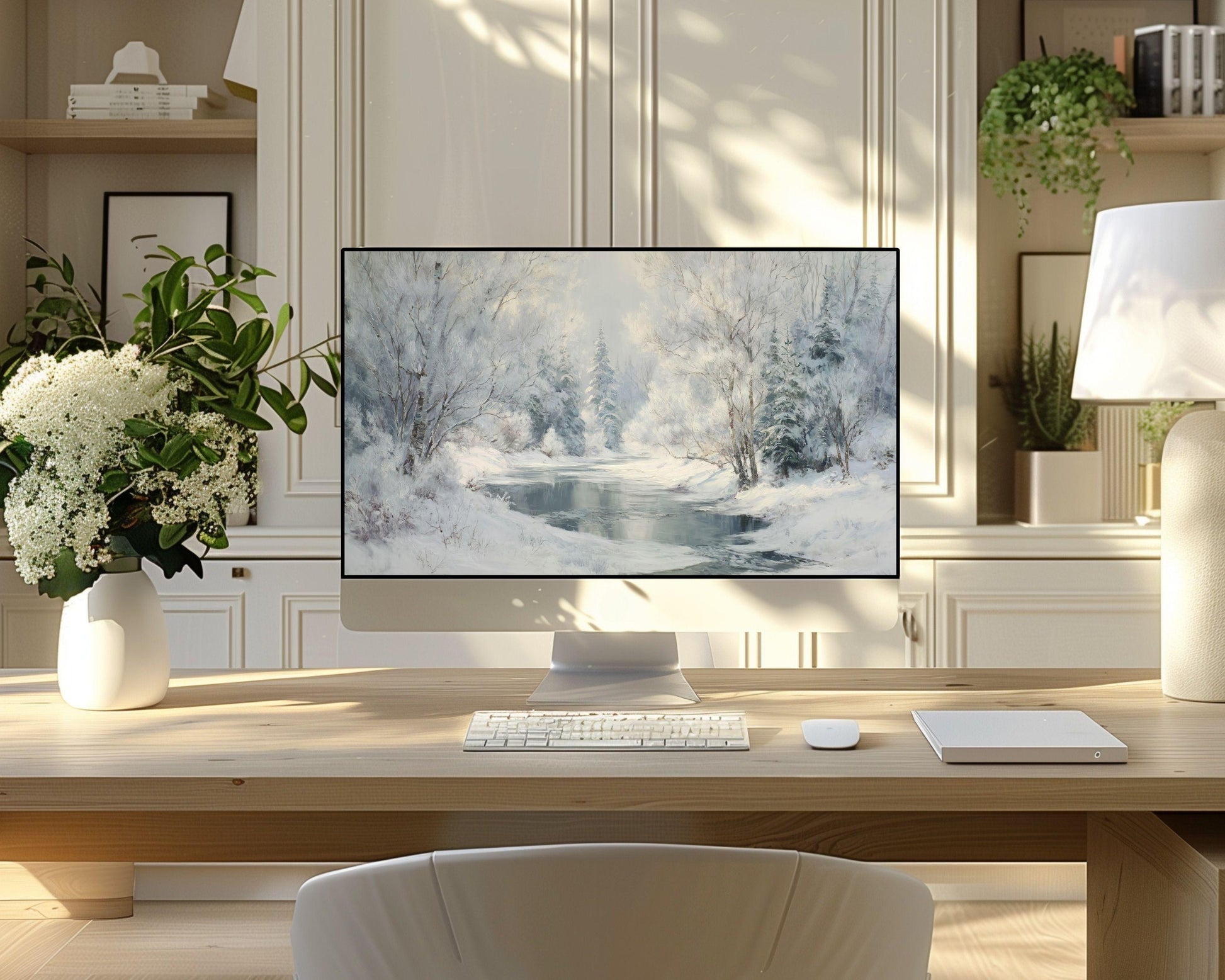 Winter Landscape Desktop Wallpaper, Frozen Stream Macbook Wallpaper, Snowy Laptop Background, Vintage Style Painting | WD170