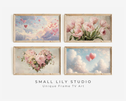 FRAME TV Art Valentine's Day Bundle of 4, Romantic Samsung Frame TV Art Hearts and Flowers Vintage Style Paintings | TV1123